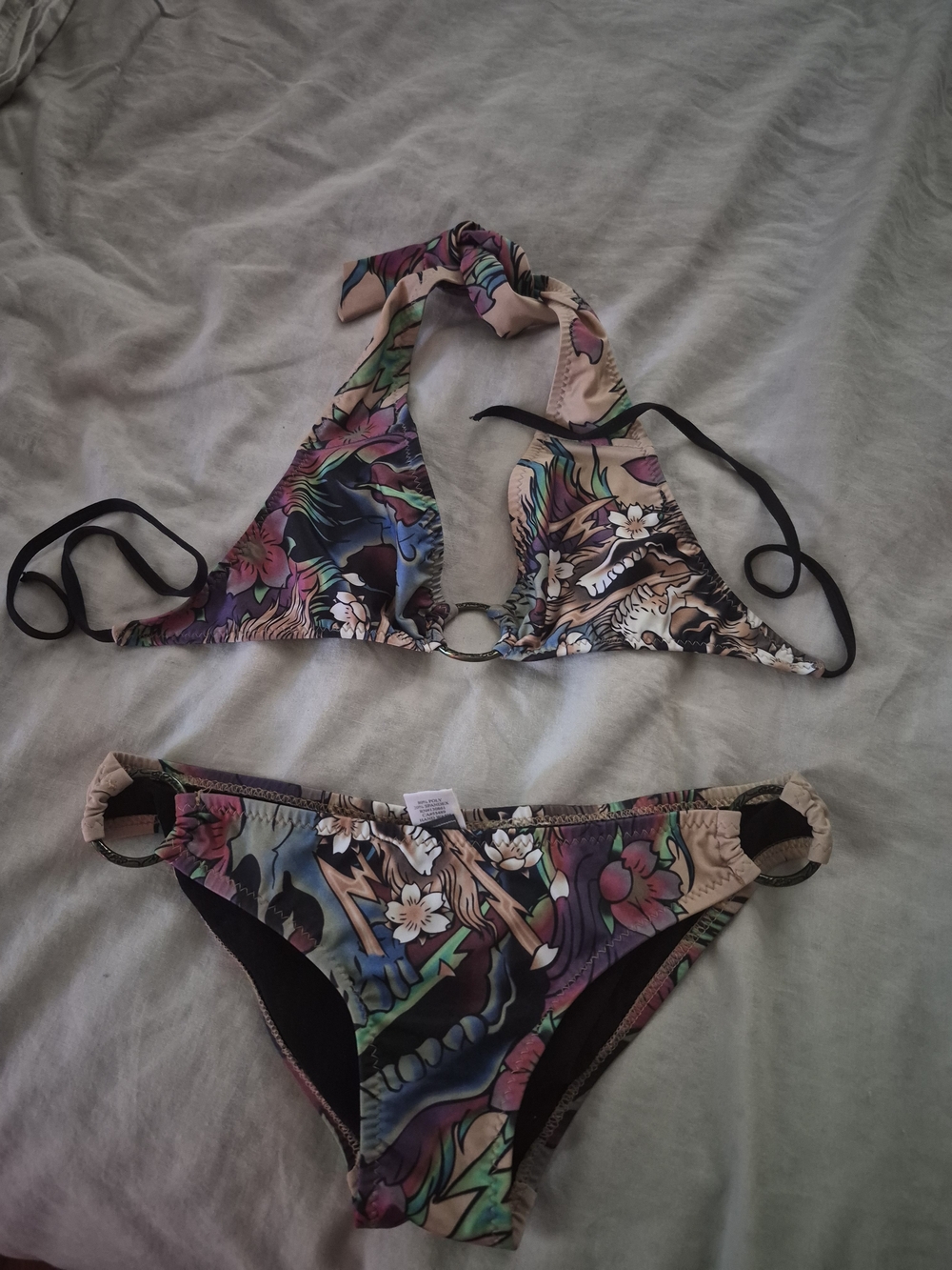 ED HARDY Rare Floral Multicolor Halter Bikini Set with Ring Accents